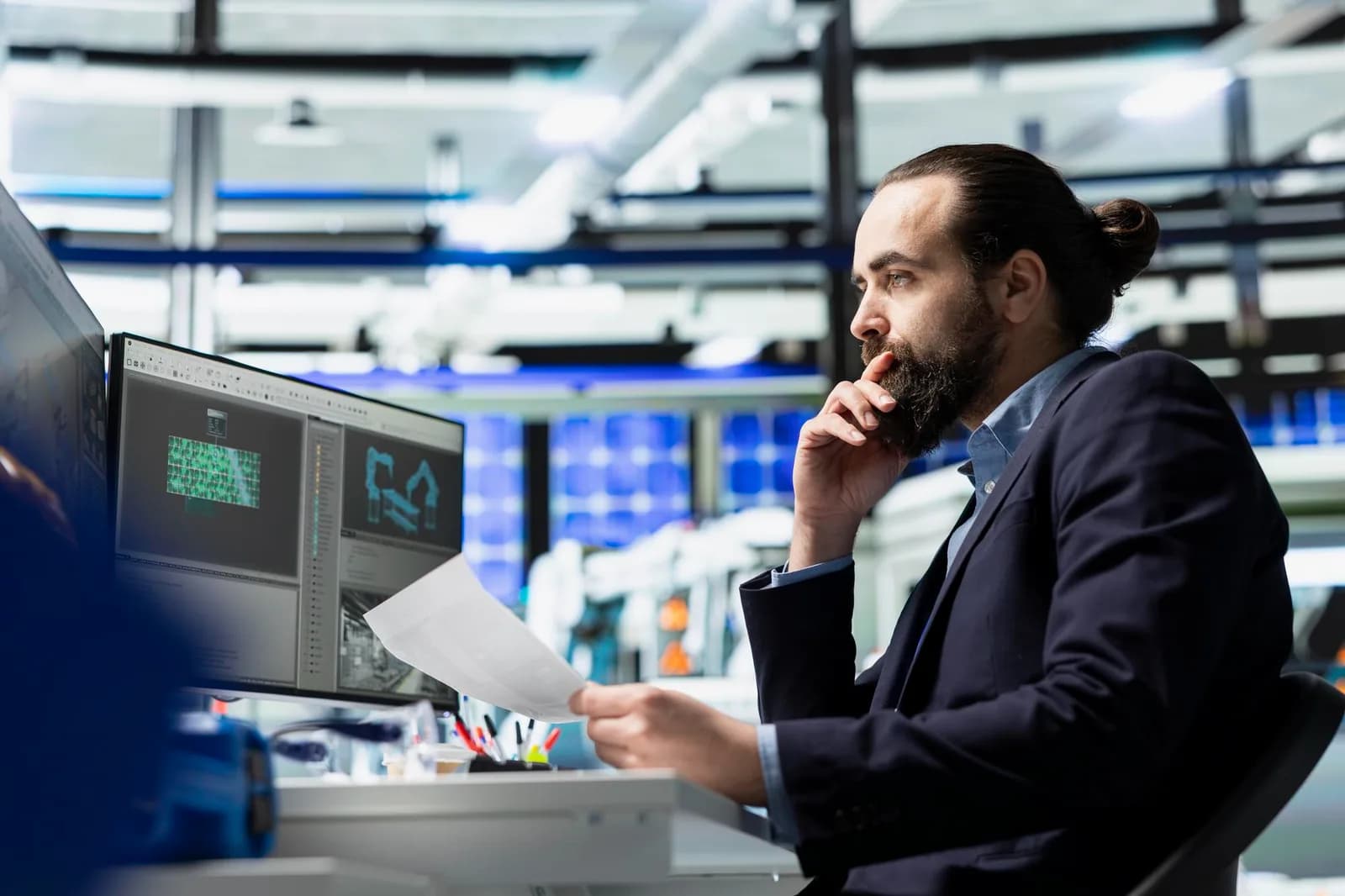 Professional reviewing infrastructure data on monitors